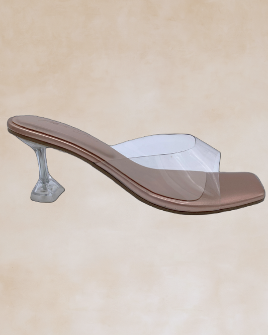 Ezra | Rose Gold & Clear Heeled Mules