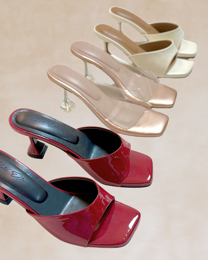 Ezra | Rose Gold & Clear Heeled Mules