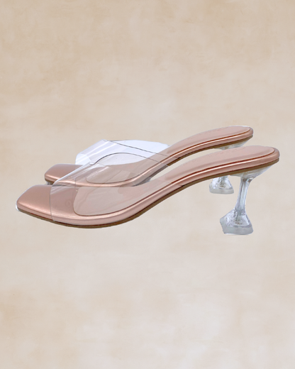 Ezra | Rose Gold & Clear Heeled Mules