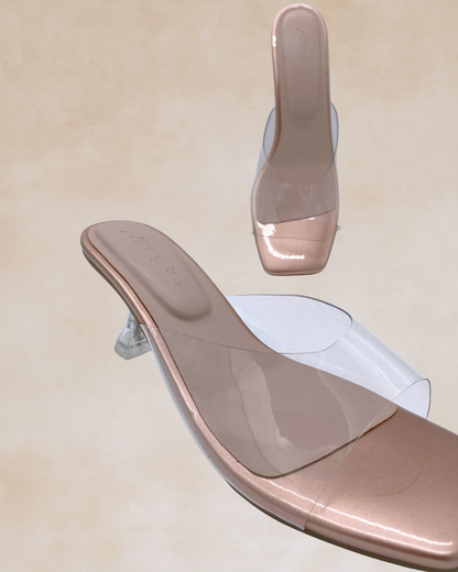 Ezra | Rose Gold & Clear Heeled Mules
