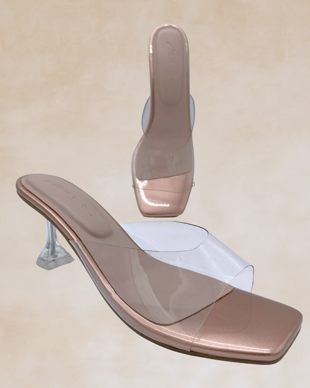 Ezra | Rose Gold & Clear Heeled Mules
