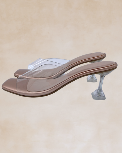 Ezra | Rose Gold & Clear Heeled Mules