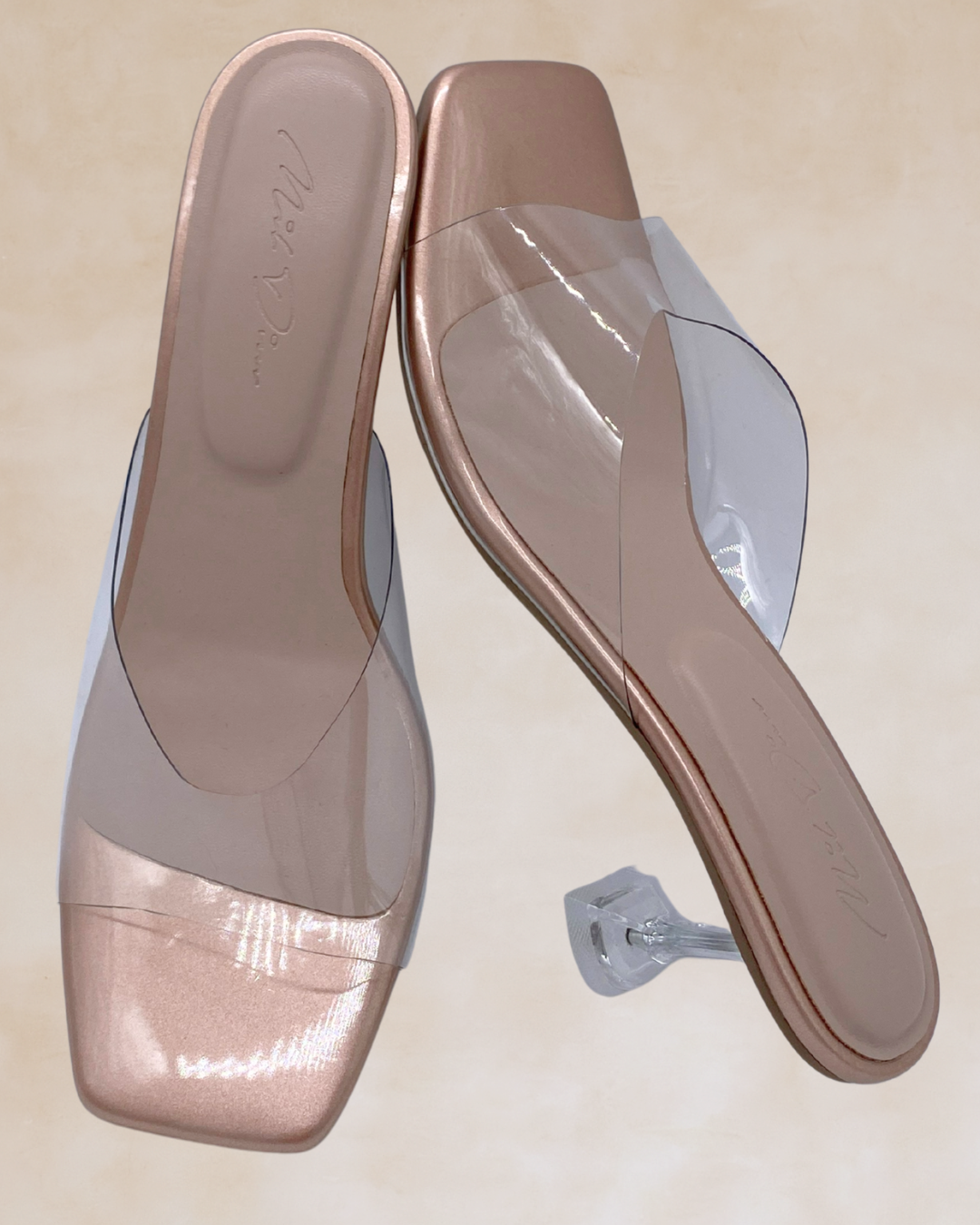 Ezra | Rose Gold & Clear Heeled Mules