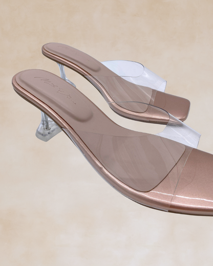 Ezra | Rose Gold & Clear Heeled Mules