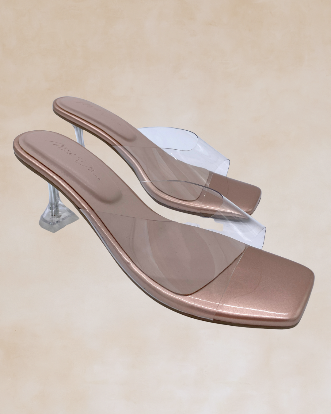 Ezra | Rose Gold & Clear Heeled Mules