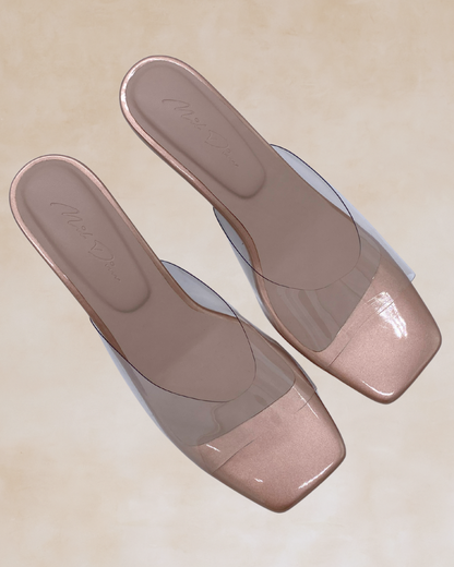 Ezra | Rose Gold & Clear Heeled Mules