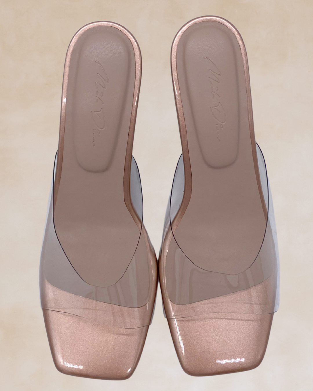 Ezra | Rose Gold & Clear Heeled Mules