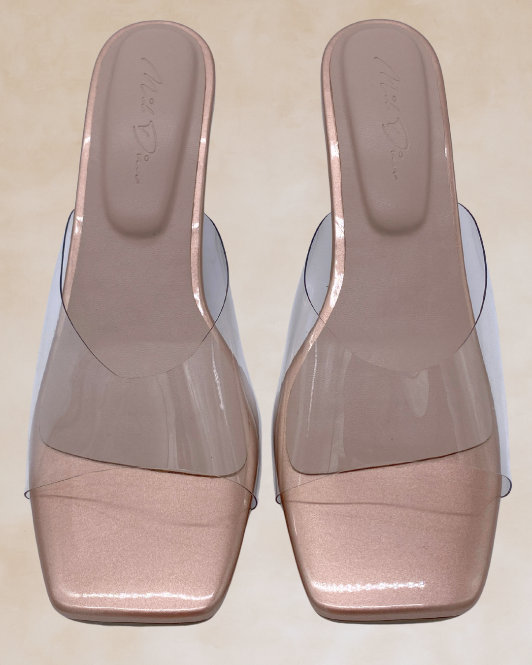 Ezra | Rose Gold & Clear Heeled Mules