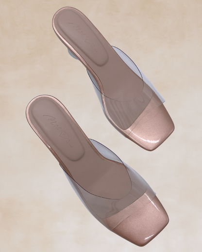 Ezra | Rose Gold & Clear Heeled Mules