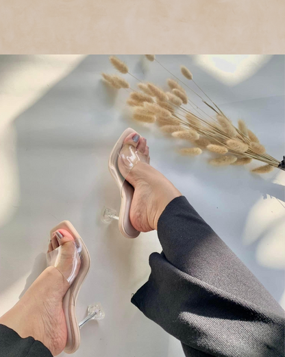 Ezra | Rose Gold & Clear Heeled Mules