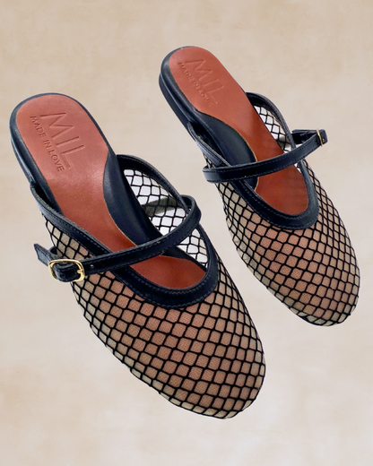 Hiraya Noir Mesh & Tan Mules